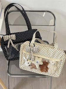 Polka dot canvas tote bag with transparent PVC window and decorative bow ribbon