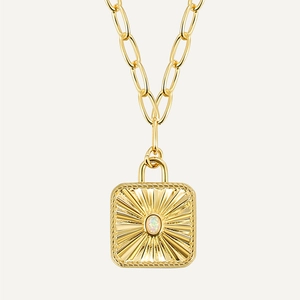 Vintage Brass 18K Gold Plated Sunburst Square Pendant Necklace For Women Artificial Opal Zirconia Inlaid Hip Hop Jewelry