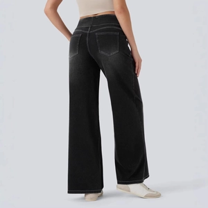 Damen Jeans mit hoher Taille, weitem Bein in Waschschwarz mit Kontrastnähten und Gesäßtaschen
