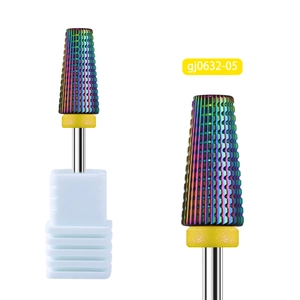 Detailed close-up of rainbow coated alloy nail drill bits with professional 5-in-1 design