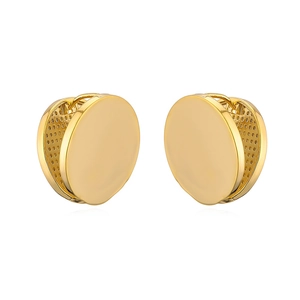 Close-up of gold-plated geometric smile earrings with smooth finish and mesh texture