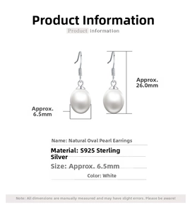 Detail specifications of S925 silver hook earrings with 6.5mm natural white pearls