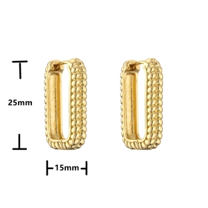 Detail view of 25x15mm golden geometric hoop earrings with twisted rope texture design