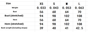 Detailed size chart for crochet crop top including bust and length measurements