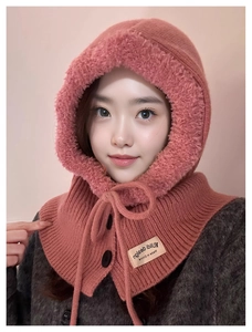 Pink knit balaclava scarf with warm fleece lining and decorative button detail