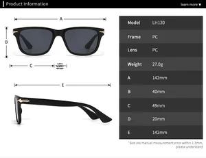 Detailed size chart for LH130 round sunglasses showing dimensions and PC frame specs