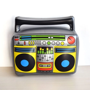 Front view of an inflatable retro silver boombox prop for music themed parties