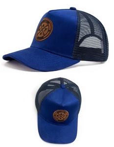 Blue mesh baseball cap detail with brown leather patch and breathable mesh structure