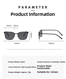 Detailed size chart of polarized square sunglasses showing frame width and lens height