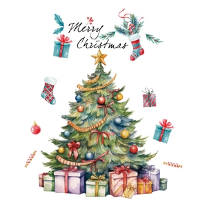 Festive Christmas tree wall decal with watercolor gift boxes and stockings on white background