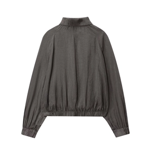 Flat back view of a dark gray bomber jacket with stand collar and elastic cuffs