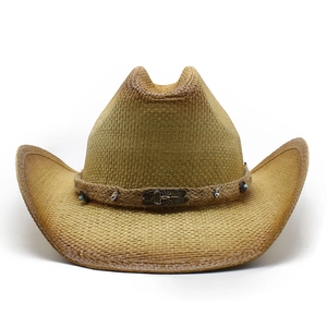 Chapeau de cowboy en paille tressée marron avec plaque scorpion et perles turquoise