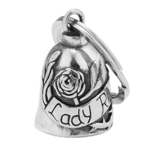 Macro detail of silver stainless steel rose bell pendant with Lady Ri engraving