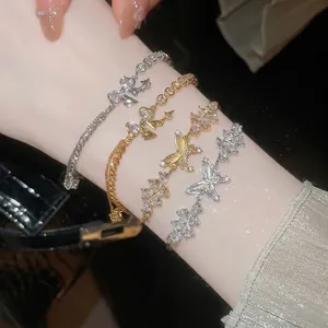Butterfly Flower Zircon Bracelet For Women Copper Base Sparkling Cubic Zirconia Adjustable Slider Clasp Elegant Jewelry