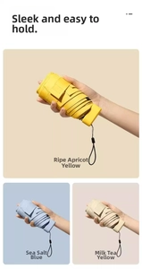 Detailed comparison of mini flat folding umbrellas in yellow and blue held in palm