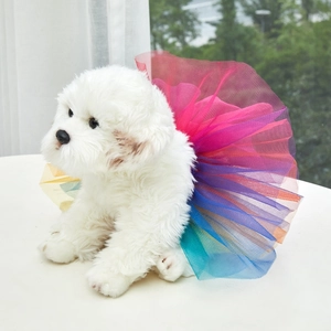 Detailed view of fluffy rainbow mesh layers on pet tutu skirt with vibrant glitter tulle