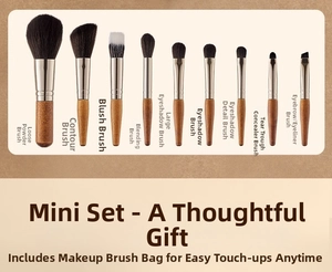Detail of 10-piece mini makeup brush set with wooden handles and portable storage bag