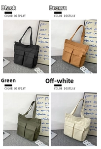 Canvas tote bag color display in black, brown, military green, and off-white