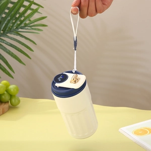 Smart thermos bottle with LED temperature display in cream white and dark blue finish