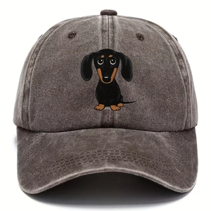 Detail shot of washed cotton baseball cap featuring a cute cartoon dachshund embroidery