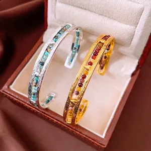 Gold and silver plated open bangles with colorful stone inlay and heart embossing
