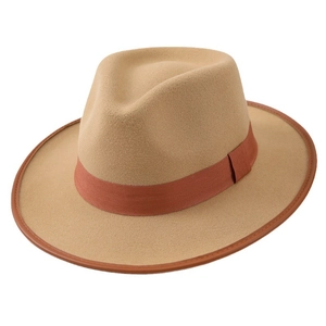 Classic khaki wool felt western cowboy hat with dark brown band and leather trim