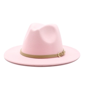 Pink woolen fedora jazz hat for men and women with brown leather belt buckle