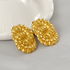 Boucles D Oreilles Ovales Vintage En Acier Inoxydable Plaqué Or 18 Carats Design Torsadé Texturé Pour Femmes