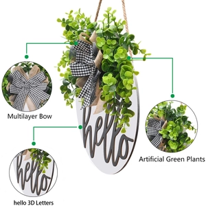 3D Hello spring wooden door wreath with multilayer bow and faux greenery decoration