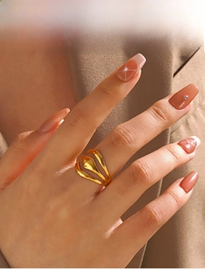 Detailed close-up of a triple-layered gold minimalist ring on model finger