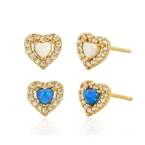 Heart Stud Earrings With 925 Sterling Silver Earring Post Synthetic Opal Cubic Zirconia Halo Elegant Jewelry For Women
