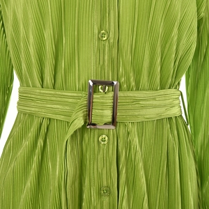 Detail of green pleated dress featuring a matching waist belt and metal buckle closure