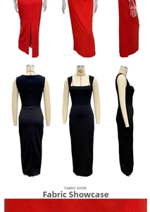 Detail show of fabric texture and back split on a slim fit sleeveless square neck maxi dress
