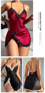 Detail of satin slip dress with lace V-neck, side slit and criss-cross back straps