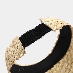 Close-up of natural hand-woven straw visor texture with black elastic adjustment strap