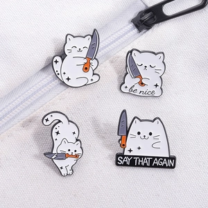 Funny white cat enamel pins set with knives and humor slogans on white canvas bag
