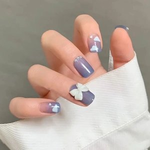 Blue Purple Gradient Press On Nails With 3D Bow And Artificial Pearl Decorations Clouds Hearts Patterns Artificial False Fingernails
