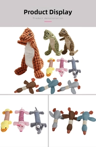 Detailed texture of durable corduroy plush pet toys in dinosaur and animal shapes