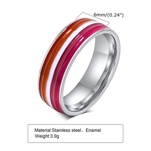 Detail view of 6mm rainbow enamel stainless steel ring with dimensions and weight