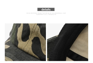 Macro shot of double-stitched seams and camouflage canvas texture on a baseball cap