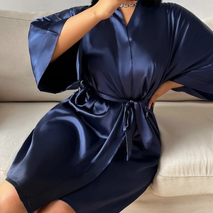 Navy blue satin silk kimono bathrobe with waist tie for women plus size loungewear
