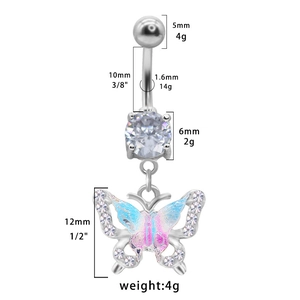 Schéma technique du piercing nombril papillon 14G avec dimensions et émail bleu rose