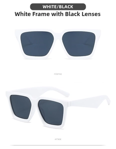 Detailed front and 45-degree side views of white square frame sunglasses with black lenses