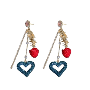 Chic tassel drop earrings with red strawberry, blue crystal heart and gold star charms