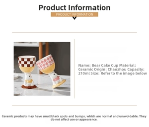 Detail of 210ml ceramic bear pedestal cup with pink and brown checkered patterns