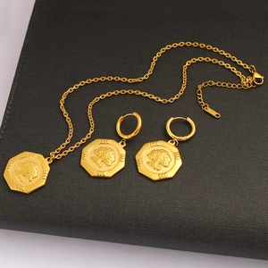Fashion golden octagon necklace and earrings set with lion head relief on black texture