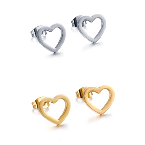 Detailed view of hollow heart stud earrings in polished gold and silver stainless steel