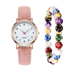 Orologio al quarzo luminoso con cinturino in pelle rosa opaca e set di bracciali con perline