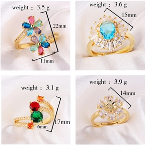 Detail view of gold floral rings with colorful zirconia and precise weight specifications