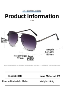 Detailed dimensions of aviator sunglasses with gray gradient lenses and metal frame